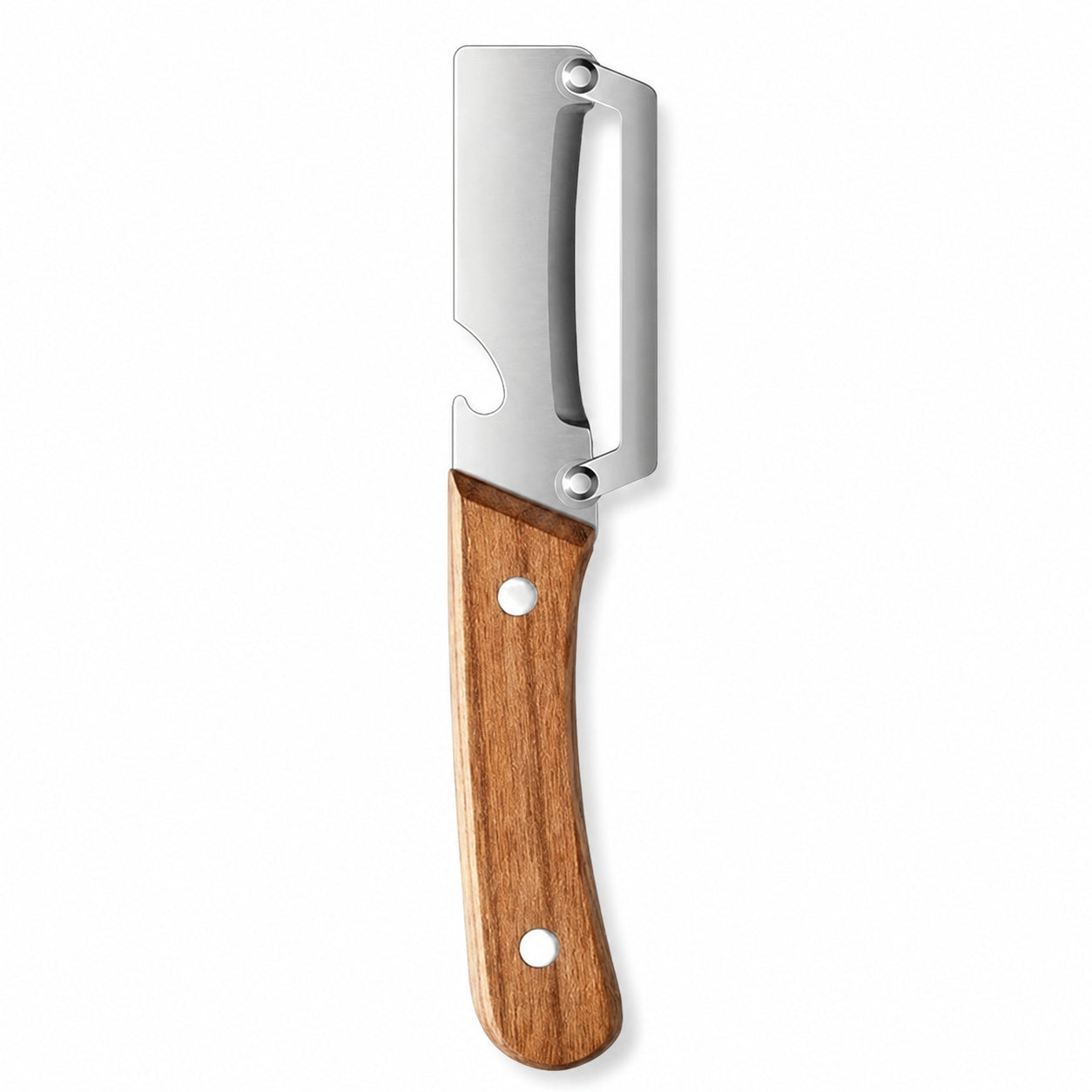 3-in-1 Kitchen Peeler with Wooden Handle, Stainless Steel Blade, Scallion Shredder and Built-in Bottle Opener
