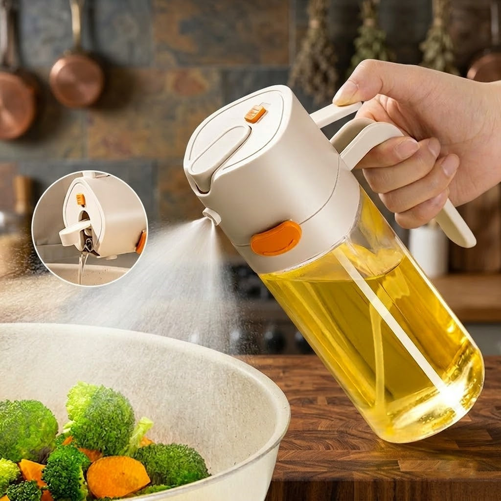 2-in-1 Spray & Pour Oil Dispenser – Glass Kitchen Oil Bottle with Fine Mist Spray (Buy one get one free)