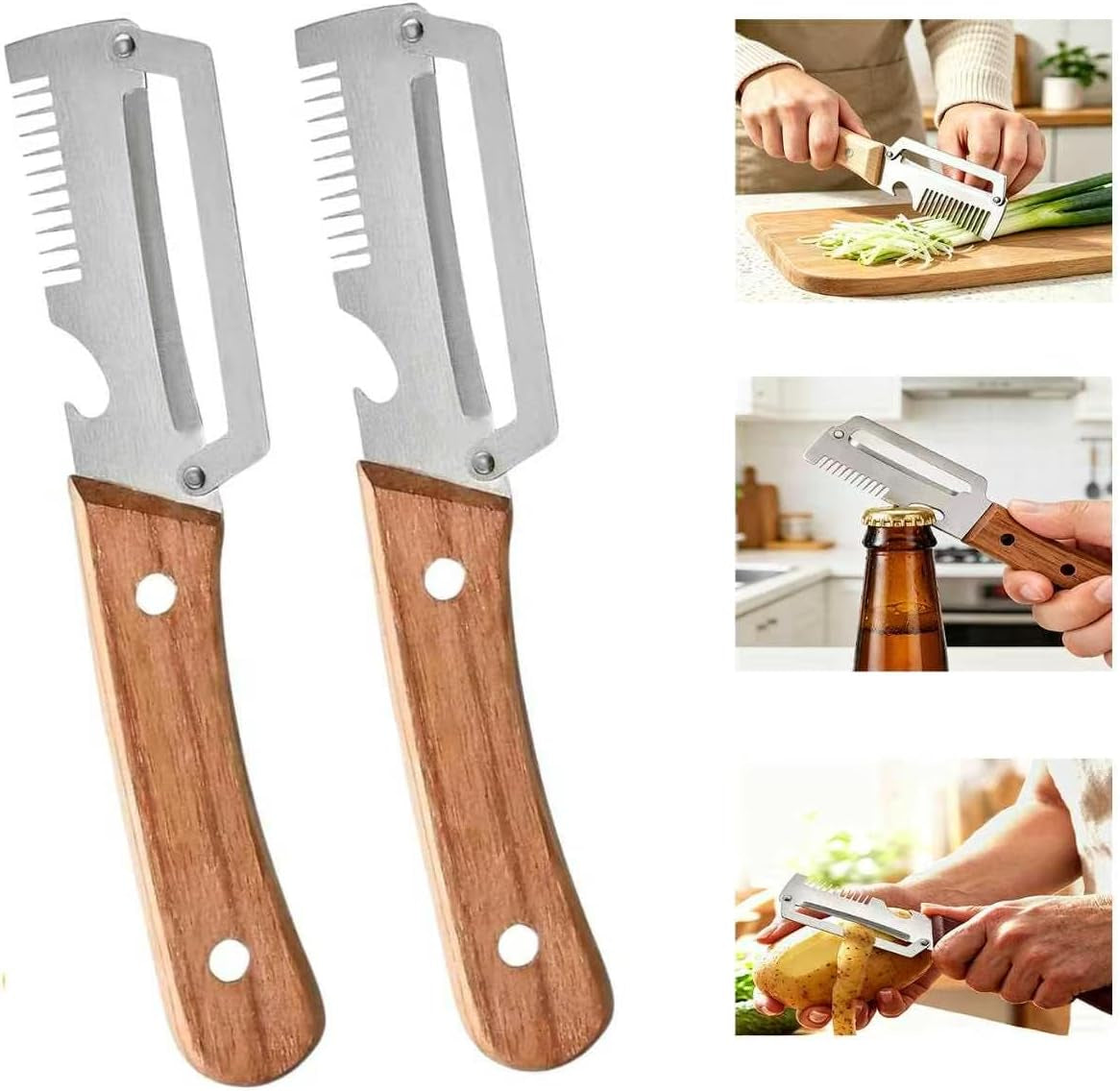 3-in-1 Kitchen Peeler with Wooden Handle, Stainless Steel Blade, Scallion Shredder and Built-in Bottle Opener