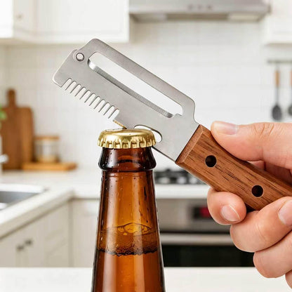 3-in-1 Kitchen Peeler with Wooden Handle, Stainless Steel Blade, Scallion Shredder and Built-in Bottle Opener