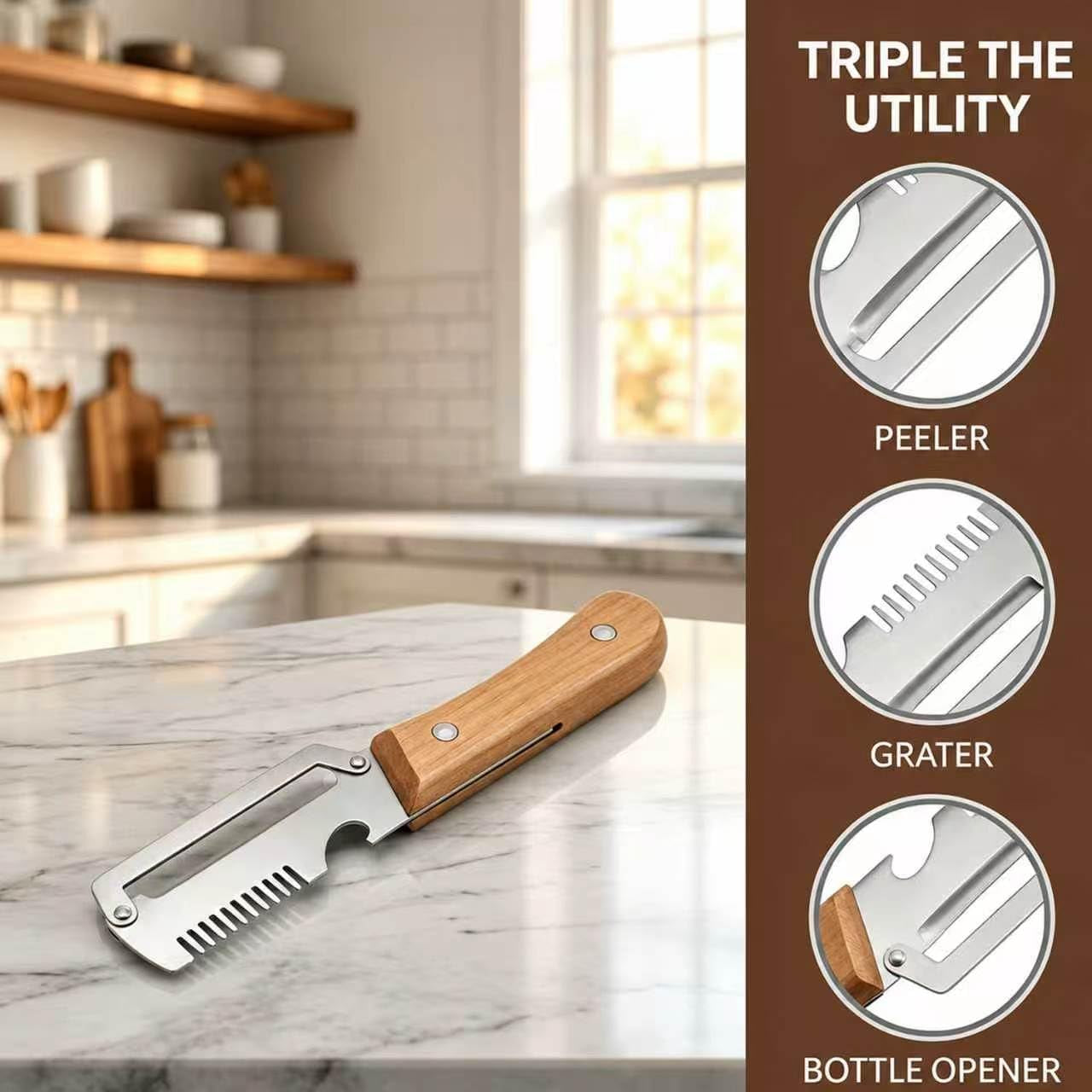 3-in-1 Kitchen Peeler with Wooden Handle, Stainless Steel Blade, Scallion Shredder and Built-in Bottle Opener