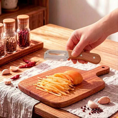 3-in-1 Kitchen Peeler with Wooden Handle, Stainless Steel Blade, Scallion Shredder and Built-in Bottle Opener