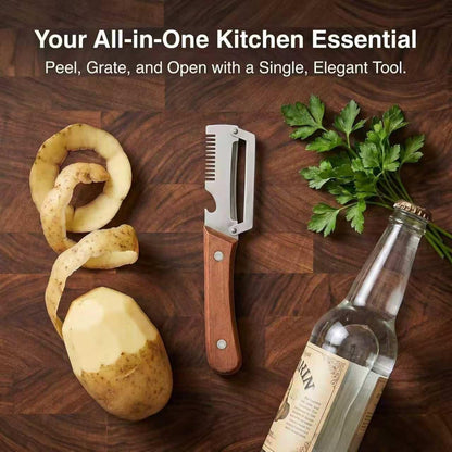 3-in-1 Kitchen Peeler with Wooden Handle, Stainless Steel Blade, Scallion Shredder and Built-in Bottle Opener