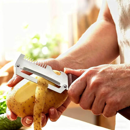 3-in-1 Kitchen Peeler with Wooden Handle, Stainless Steel Blade, Scallion Shredder and Built-in Bottle Opener