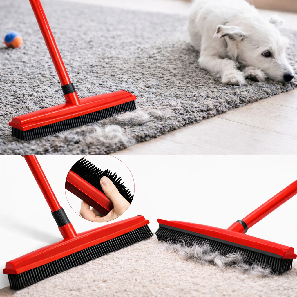 Pet Hair Removal Broom for Carpet – Rubber Bristle Floor Sweeper