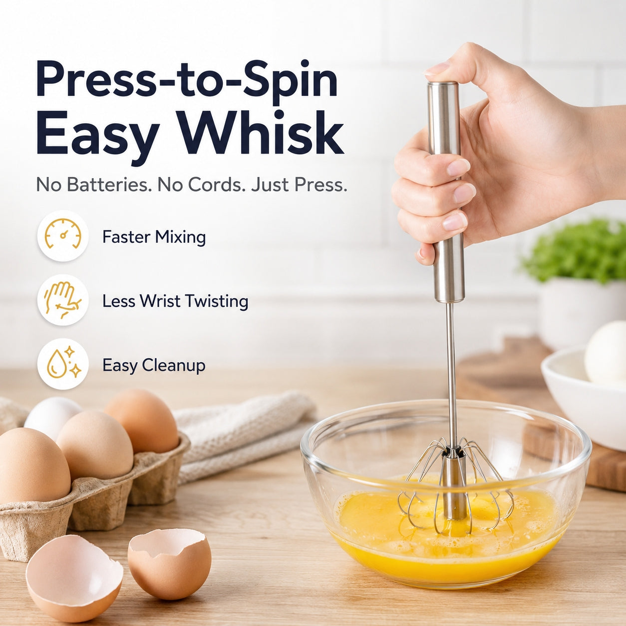 🥚✨Press-to-Spin Easy Whisk | No-Battery Hand Whisk for Eggs, Batter, Sauces & Coffee Foam