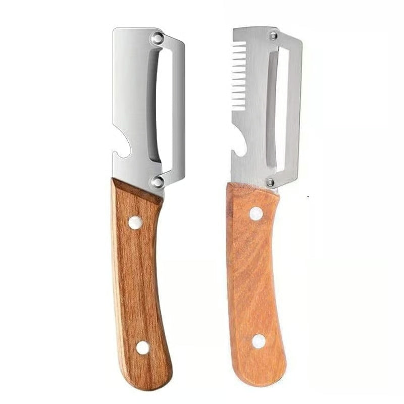 3-in-1 Kitchen Peeler with Wooden Handle, Stainless Steel Blade, Scallion Shredder and Built-in Bottle Opener