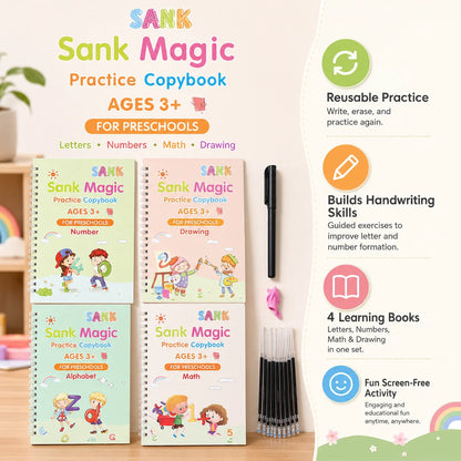 📚Magic Handwriting Practice Copybook Set (4 Books + Pen + 10 Refills + Grip)