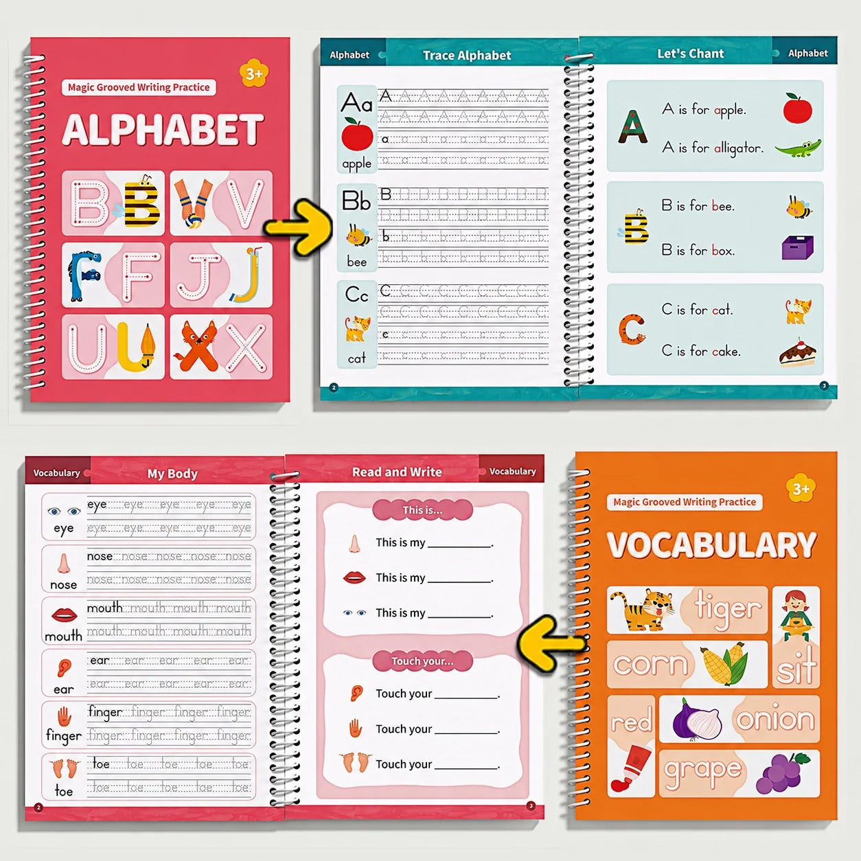 📚Magic Handwriting Practice Copybook Set (4 Books + Pen + 10 Refills + Grip)