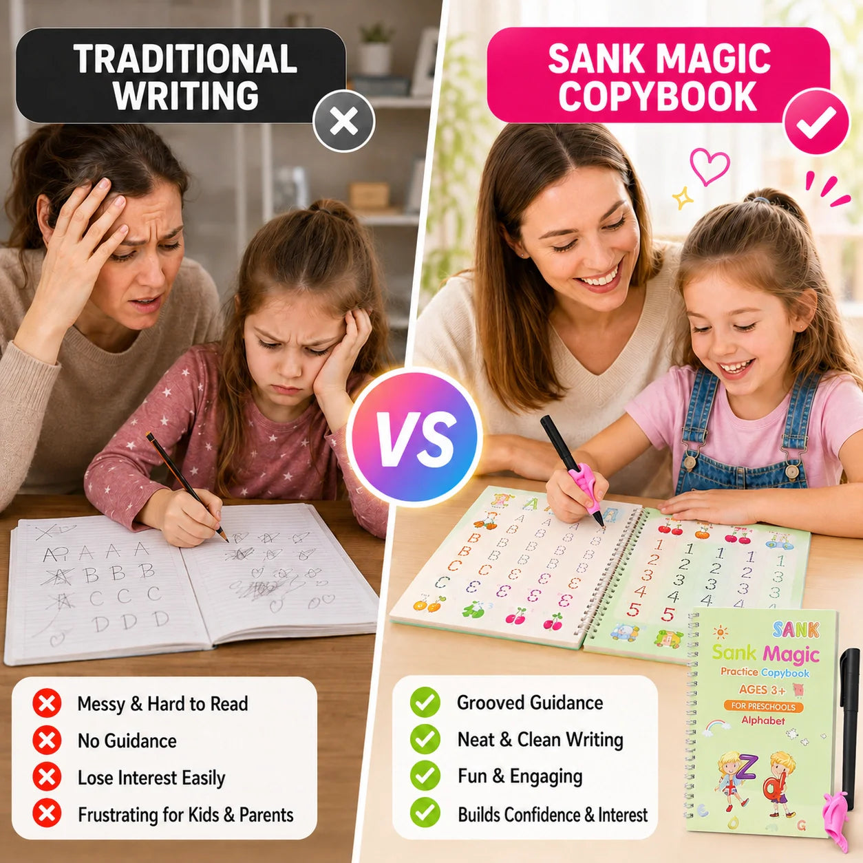 📚Magic Handwriting Practice Copybook Set (4 Books + Pen + 10 Refills + Grip)