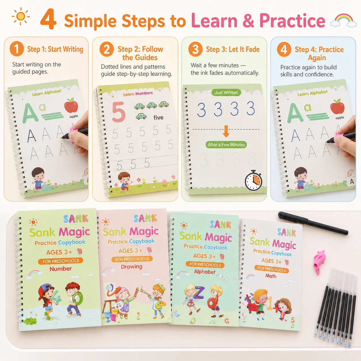 📚Magic Handwriting Practice Copybook Set (4 Books + Pen + 10 Refills + Grip)