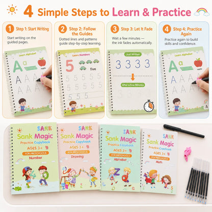 📚Magic Handwriting Practice Copybook Set (4 Books + Pen + 10 Refills + Grip)