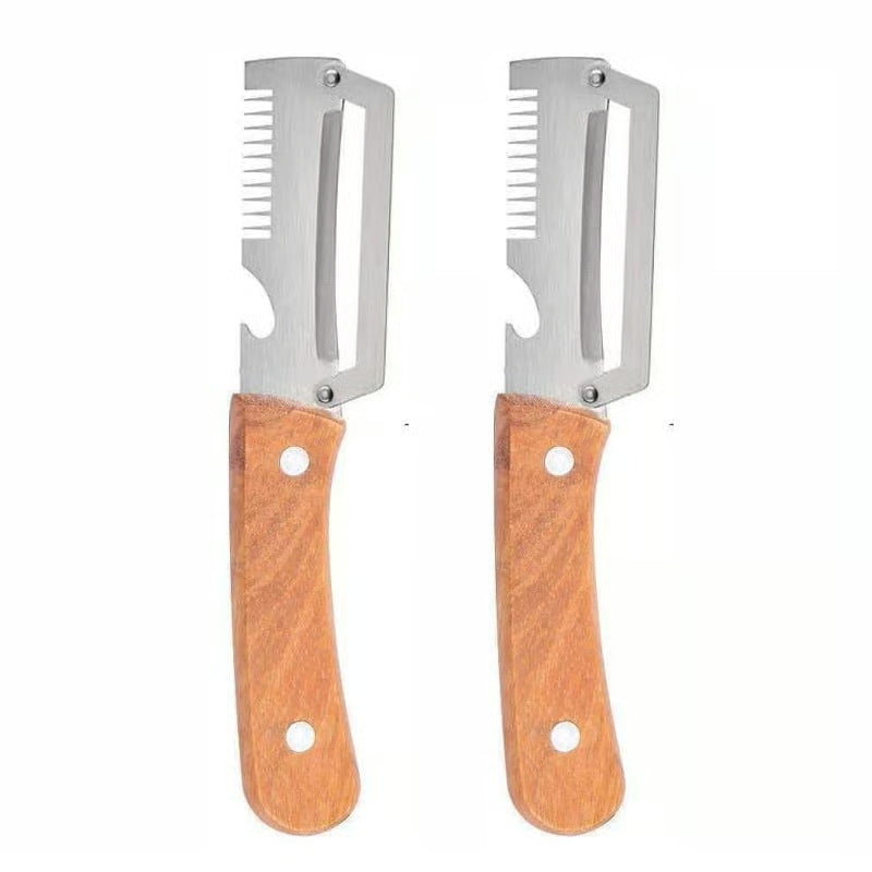 3-in-1 Kitchen Peeler with Wooden Handle, Stainless Steel Blade, Scallion Shredder and Built-in Bottle Opener