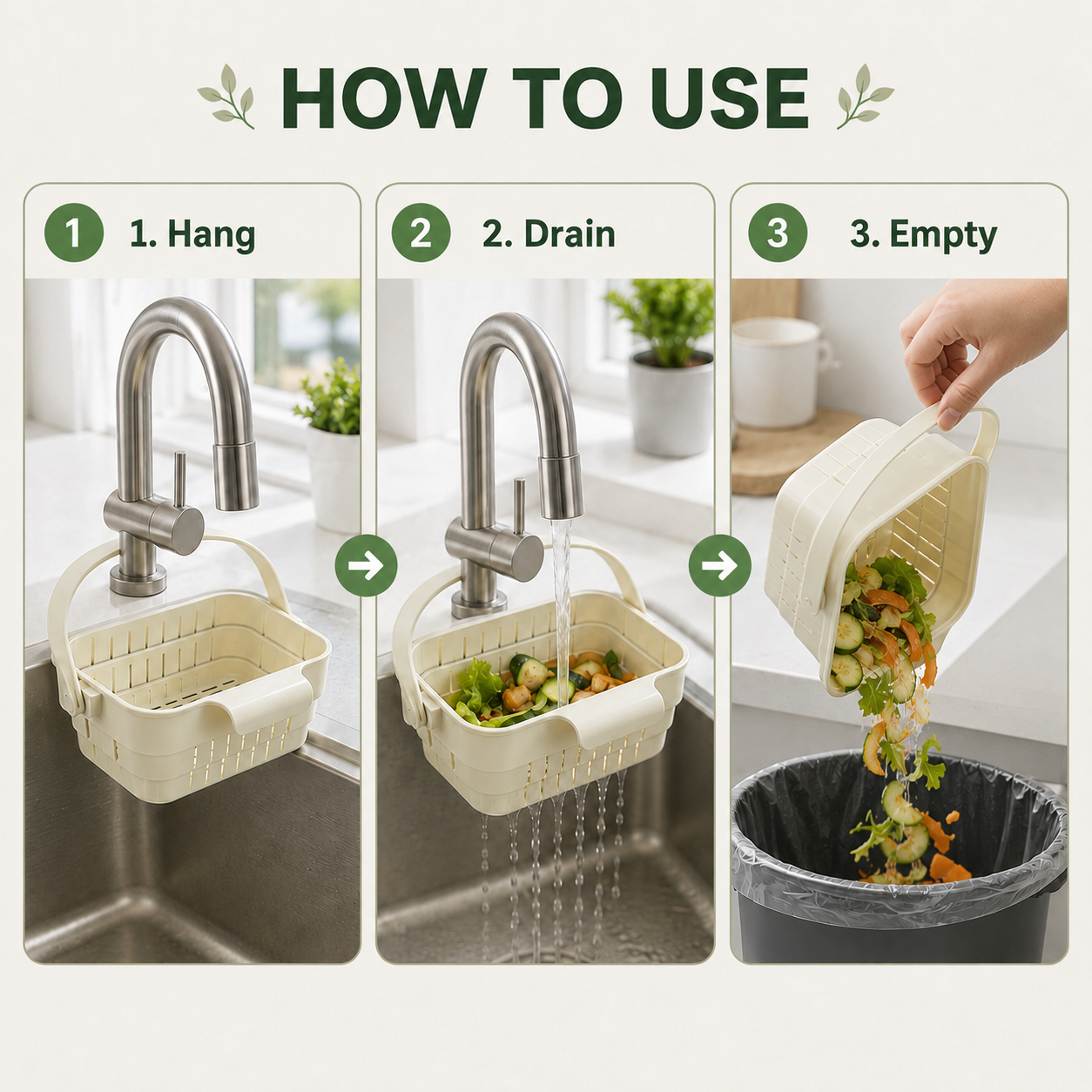 🧺Retractable Hanging Colander | No-Touch Scraps, Quick Draining & Fold-Flat Storage