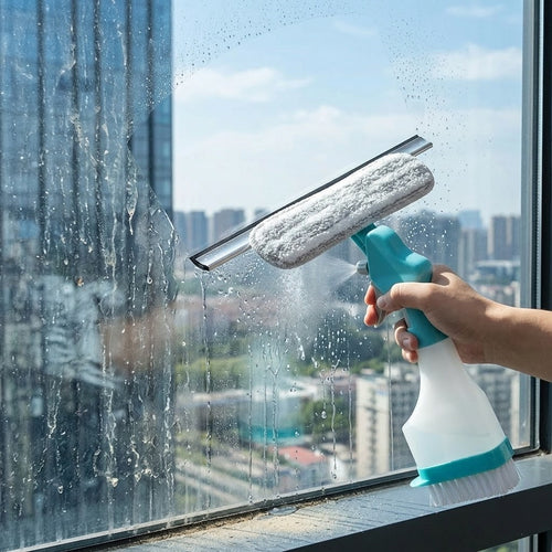 3-in-1 Spray Window Cleaner with Squeegee & Scrub Brush