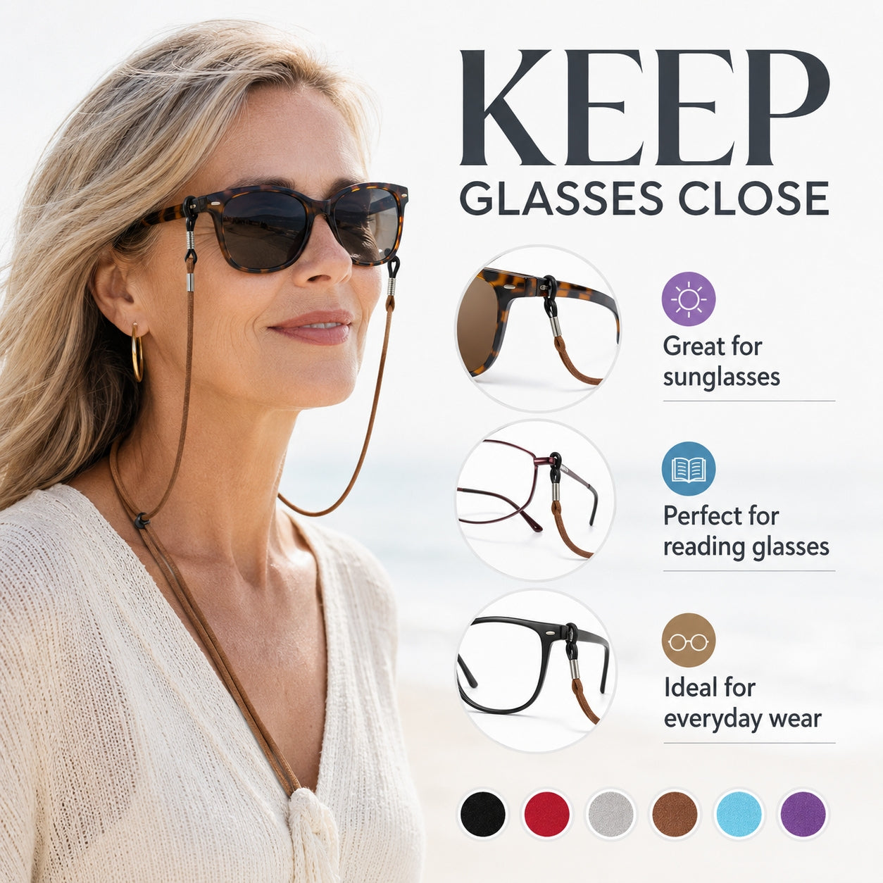 Adjustable Eyeglass Strap – Soft Suede-Like Glasses Cord with Anti-Slip Rubber Loops for Reading Glasses, Sunglasses & Everyday Wear