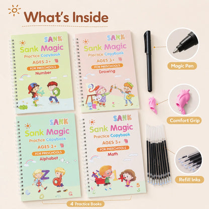 📚Magic Handwriting Practice Copybook Set (4 Books + Pen + 10 Refills + Grip)