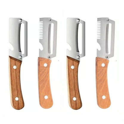 3-in-1 Kitchen Peeler with Wooden Handle, Stainless Steel Blade, Scallion Shredder and Built-in Bottle Opener