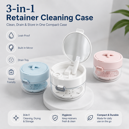✨ Portable 3-in-1 Retainer Cleaner Case | Clean, Drain, Dry & Store Aligners, Mouth Guards and Dentures in One Compact Organizer