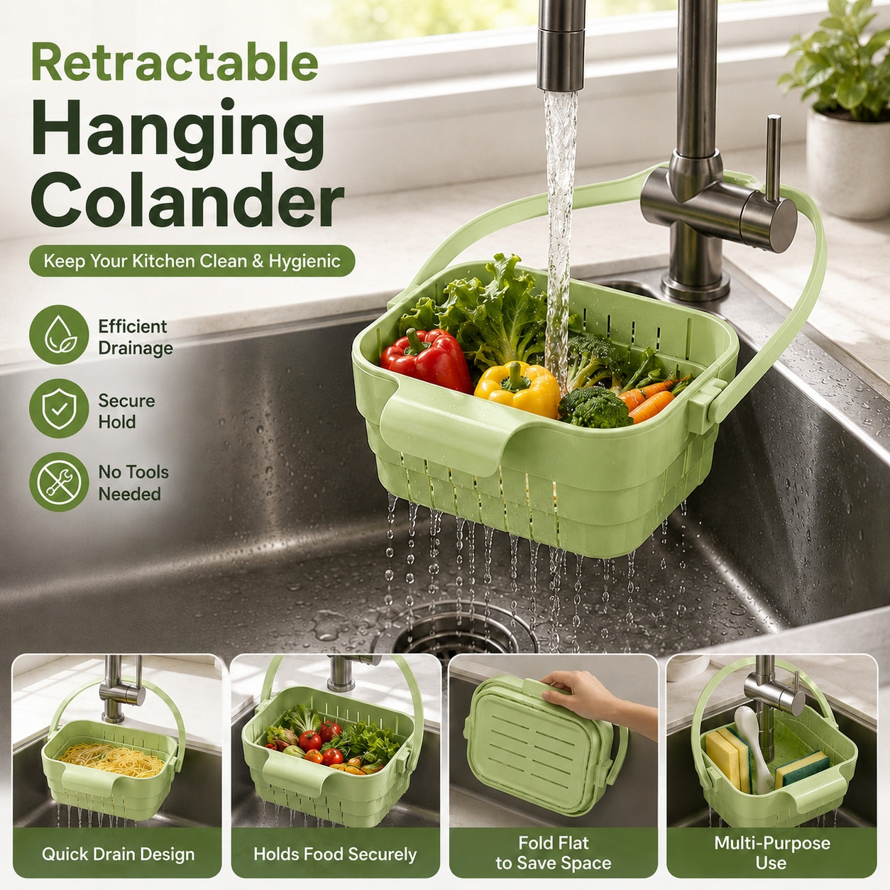 🧺Retractable Hanging Colander | No-Touch Scraps, Quick Draining & Fold-Flat Storage