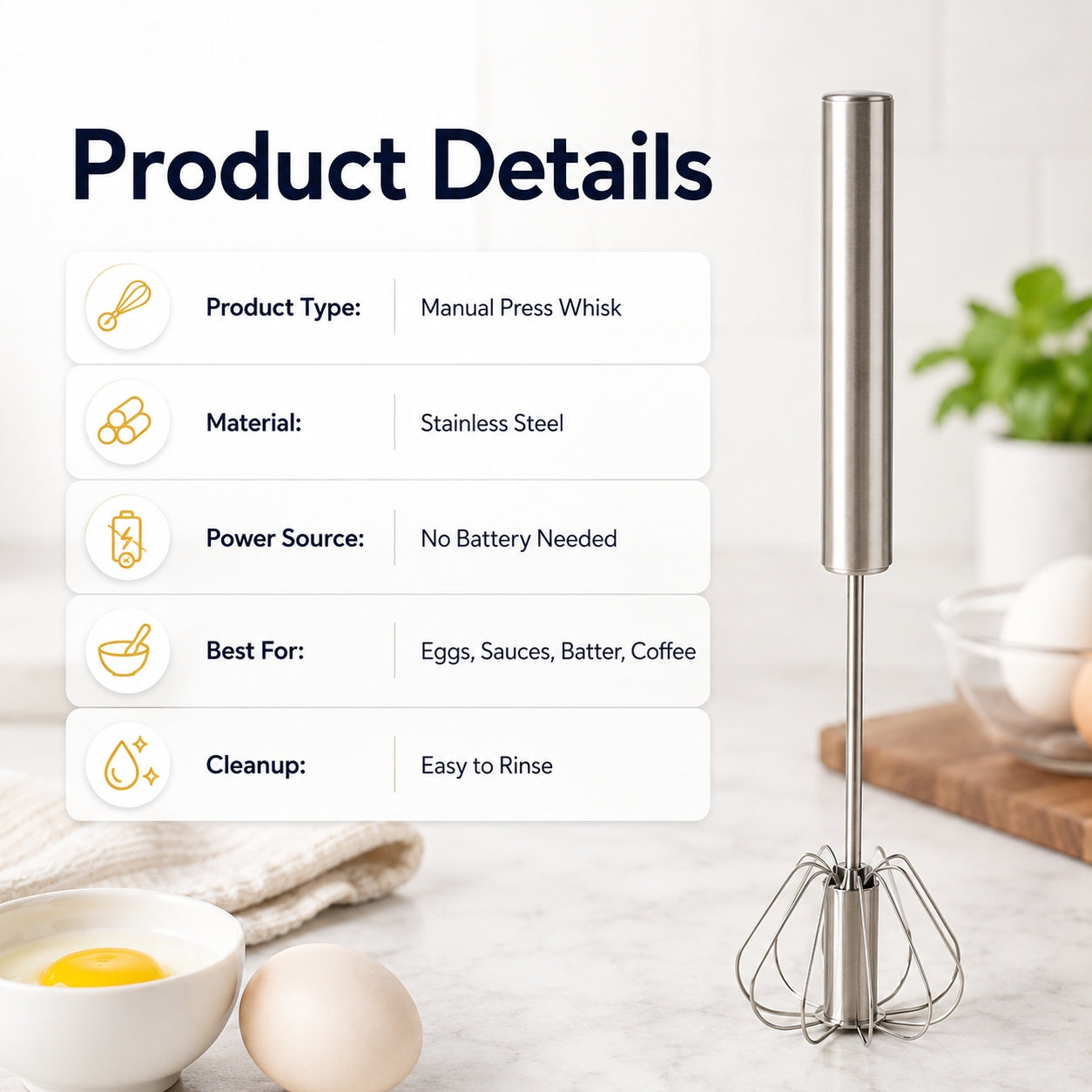 🥚✨Press-to-Spin Easy Whisk | No-Battery Hand Whisk for Eggs, Batter, Sauces & Coffee Foam