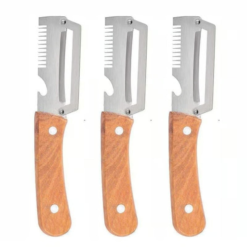 3-in-1 Kitchen Peeler with Wooden Handle, Stainless Steel Blade, Scallion Shredder and Built-in Bottle Opener