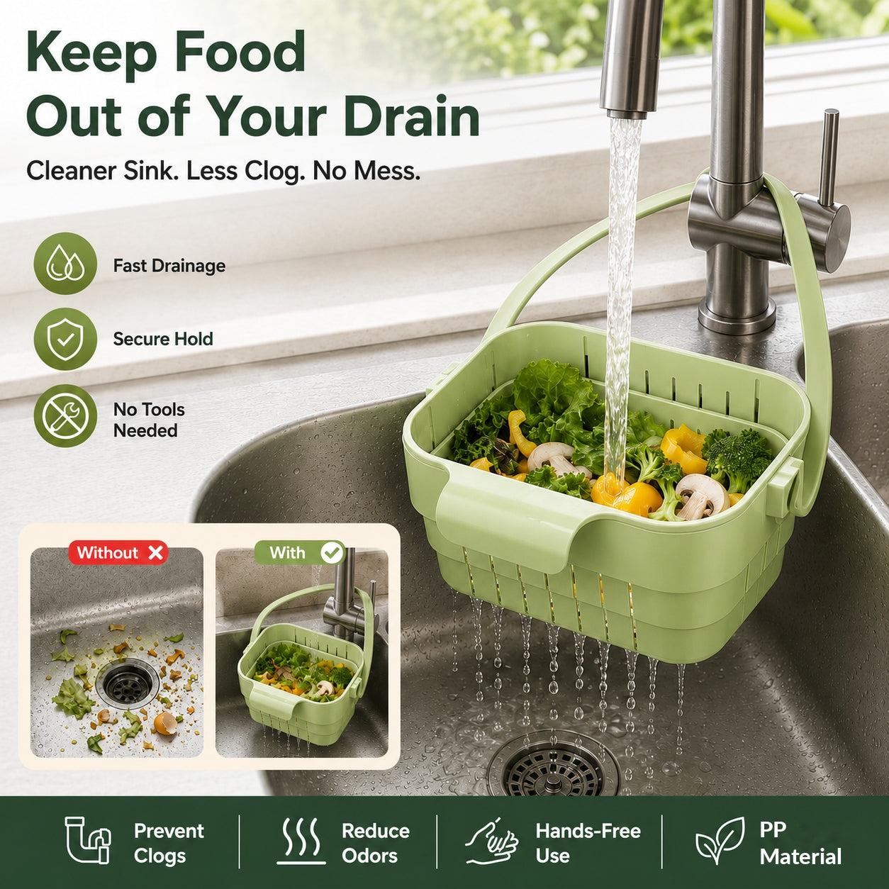🧺Retractable Hanging Colander | No-Touch Scraps, Quick Draining & Fold-Flat Storage